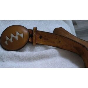 Justin Genuine Ostrich Belt Sz 38 Embroidered Adjustable Belt Brown Aztec Buckle